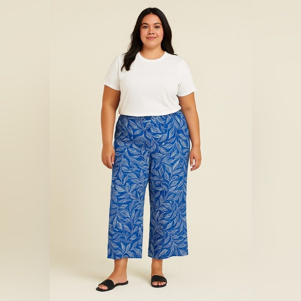 Midnight‎ Sky Blue Tropical Print High Waist Wide Leg Casual Pants, XL
